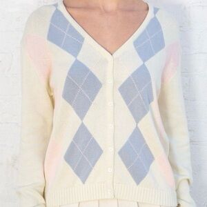 Brandy Melville John Galt Cream Pastel Argyle Savannah Cardigan One Size Preppy